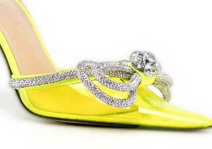 Transparent bow rhinestone high heel sandals pointed toe stiletto heels fashion European and American cross-border European and American style
