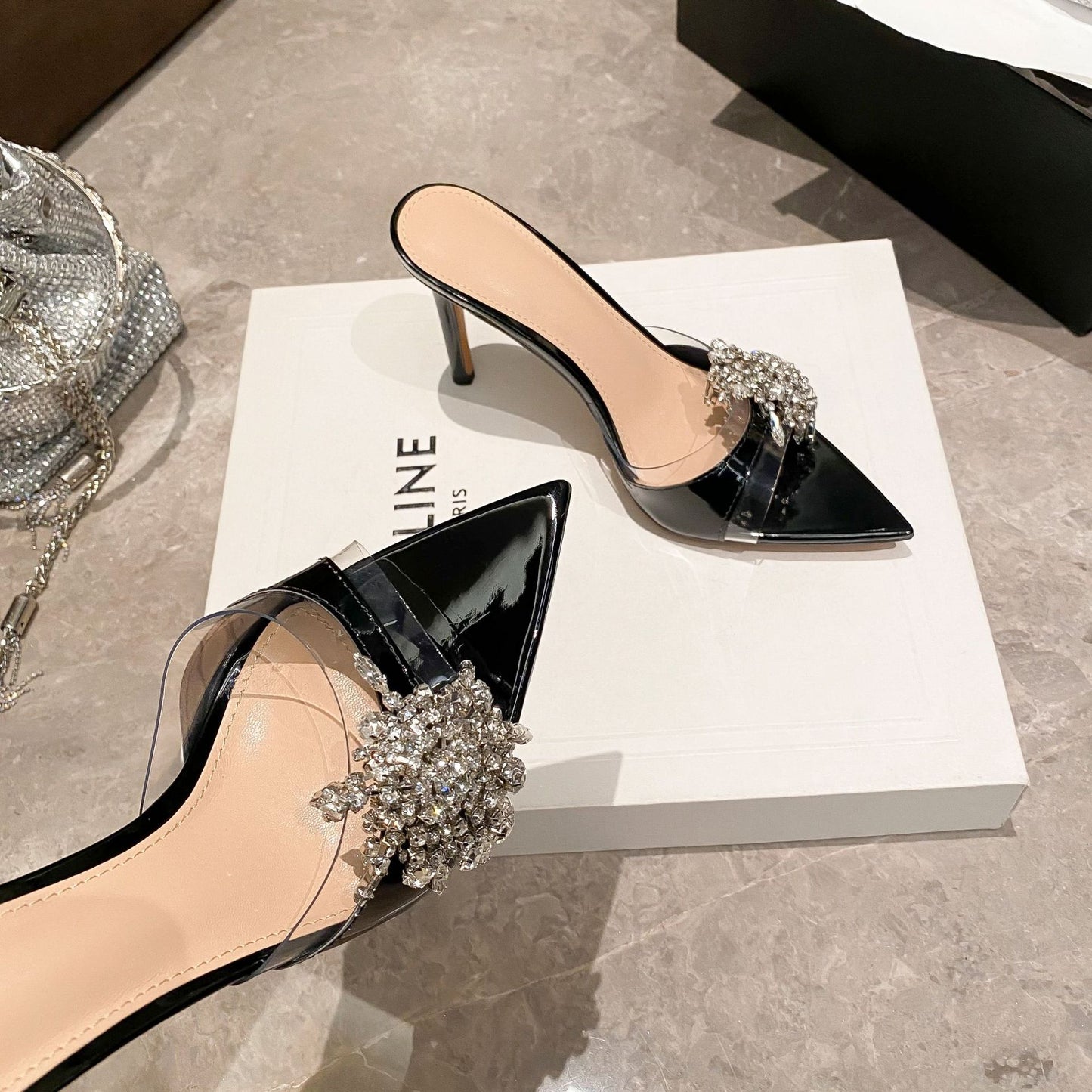 YX2026 New Silver Pointed Toe Rhinestone Strap Sandals Women's Stiletto Open Toe High Heel Half Slippers Wear Fashionably Outside