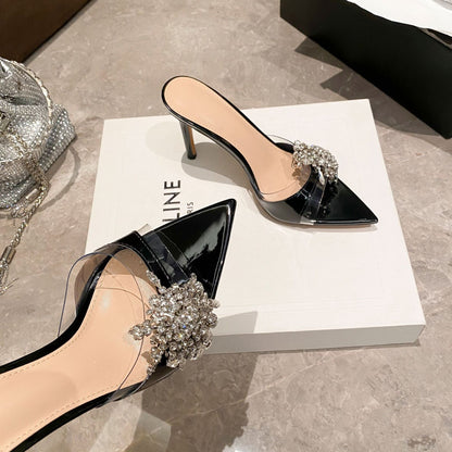 YX2026 New Silver Pointed Toe Rhinestone Strap Sandals Women's Stiletto Open Toe High Heel Half Slippers Wear Fashionably Outside