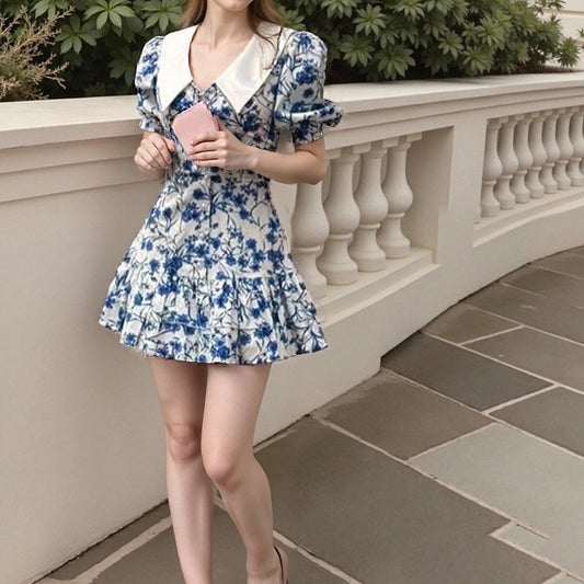 2025 spring and summer new cross-border Amazon European and American fashion elegant sexy doll collar slim print dress