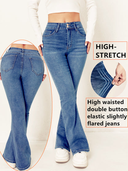 European and American cross-border trend women's clothing high-waisted double-button stretch slim slimming bootcut denim trousers WOMEN JEANS