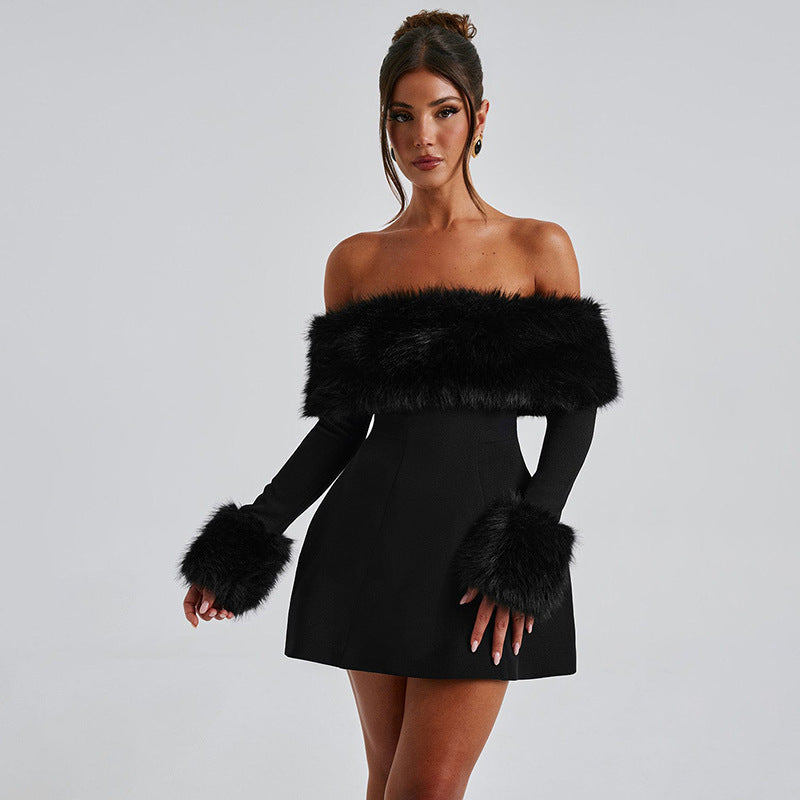 Cross-border autumn and winter new European and beautiful women's clothing, high-end fur collar, sexy one-line shoulder long sleeves, slim and slim A-line skirt women