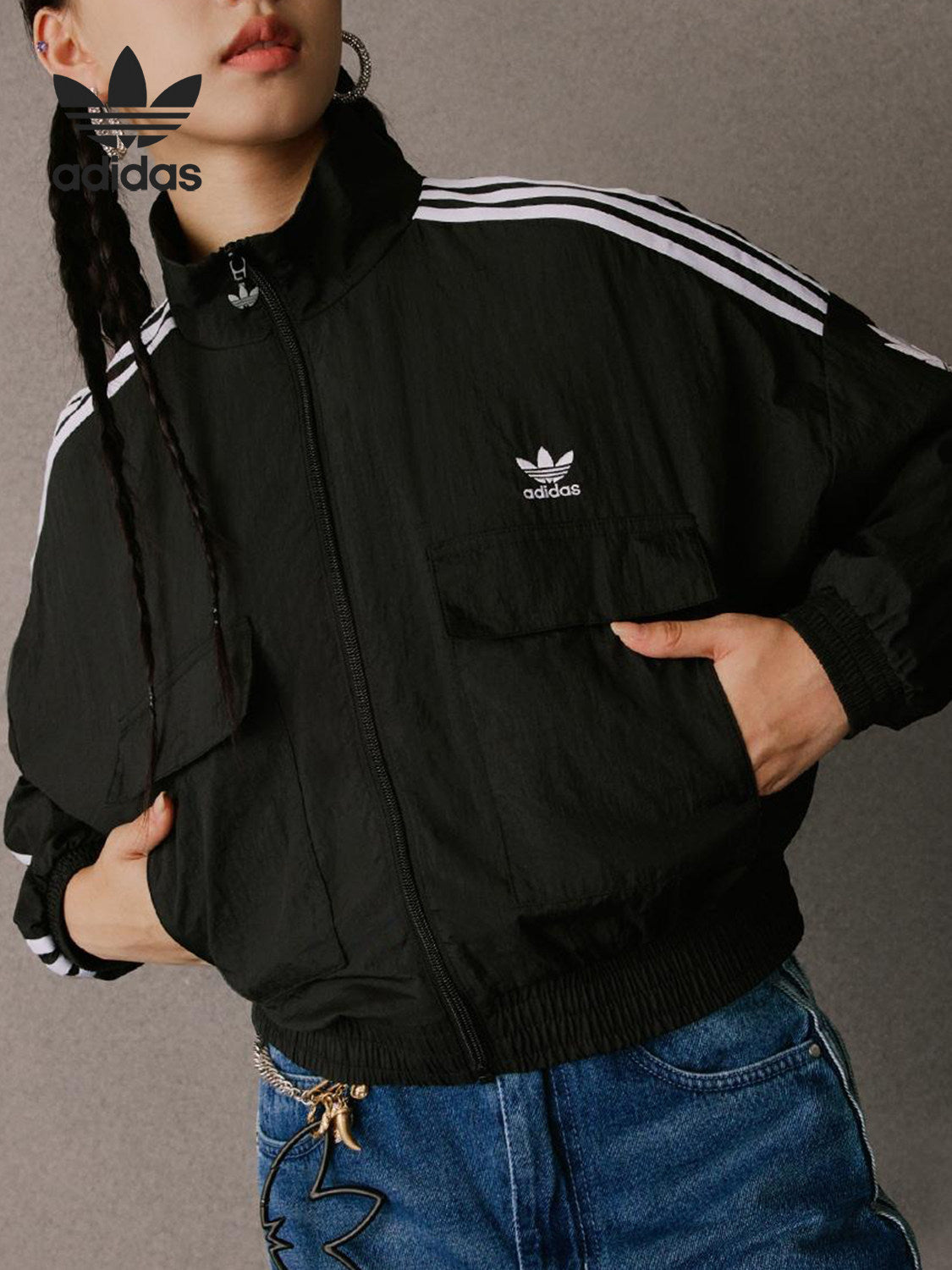 Adidas Official Genuine Clover Women's Cropped Striped Woven Sports Jacket KG8512