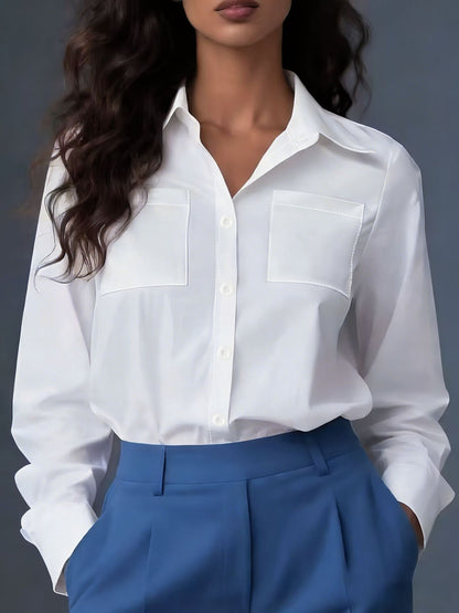 European and American elegant women's cross-border four-season cross-border pocket loose long-sleeve lapel shirt top