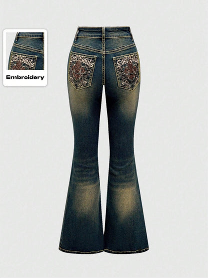 [Cross-border explosive] slightly spicy embroidery jeans elastic slim women's jeans blue