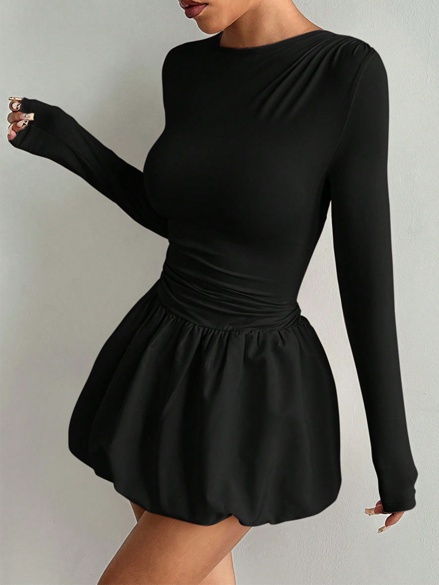 Customized European and American temperament slim long sleeve dress black knitted elastic lantern skirt women's clothing to picture mass processing