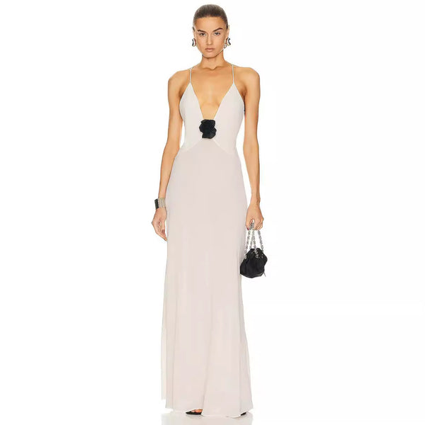 Cross-border Europe and the United States 2024 new summer deep V-neck slip dress solid color chiffon backless sexy dress for women