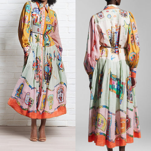 Cross-border Amazon 2026 AliExpress European and American clothing vintage printed lantern sleeves waist swing European and American dresses