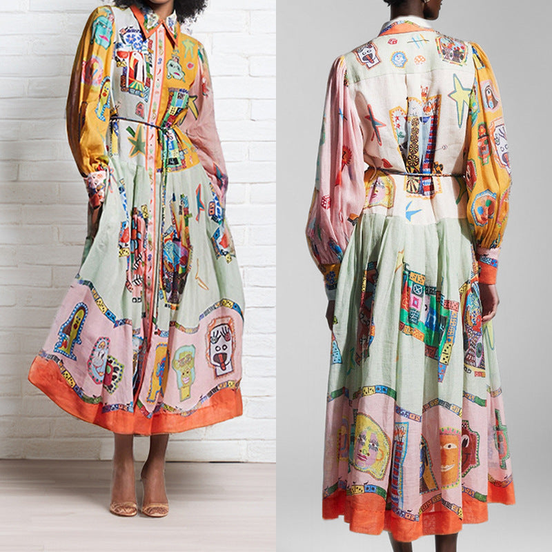 Cross-border Amazon 2026 AliExpress European and American clothing vintage printed lantern sleeves waist swing European and American dresses