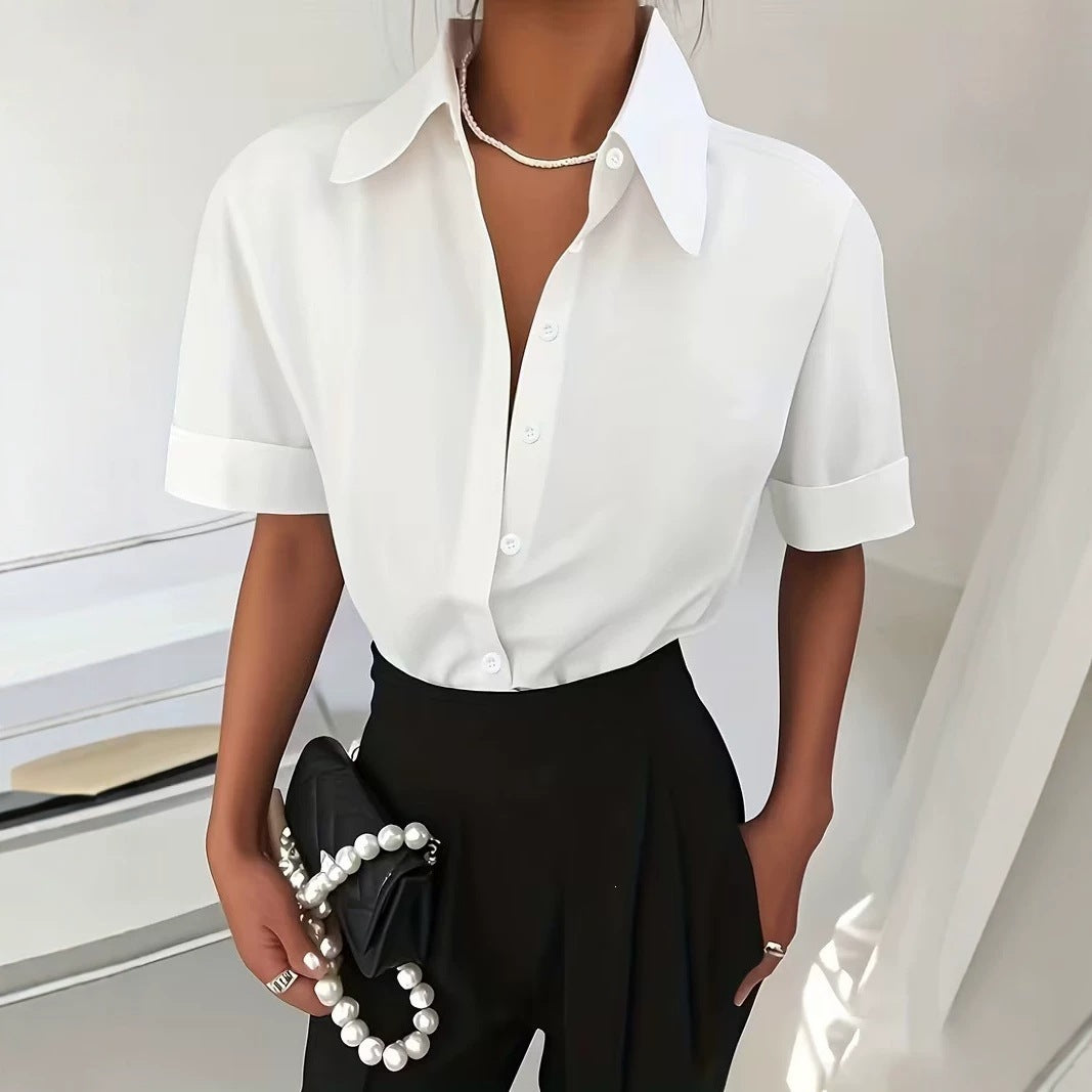 Cross-border European and American short-sleeved shirt for women, summer French-style drapey temperament, light luxury high-end short-sleeved shirt top
