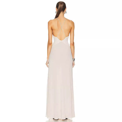 Cross-border Europe and the United States 2024 new summer deep V-neck slip dress solid color chiffon backless sexy dress for women