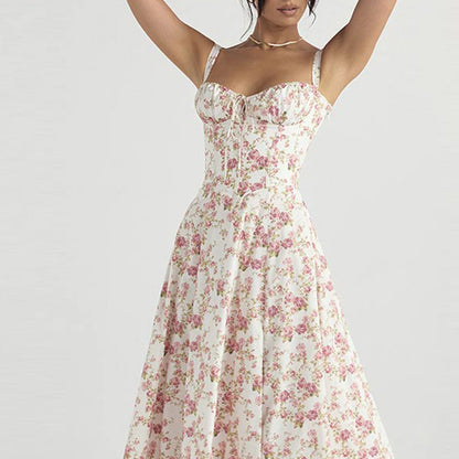 Spring 2026 New Cross-border European and American Clothing Printed French Floral Open Back Slim Suspender Slit Dress