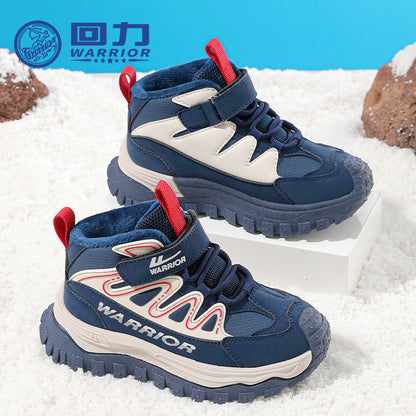Pull-back blue striped platform shoes, new warm two-cotton shoes in winter, medium and large children, men's and women's casual shoes, light soles and cold stickiness