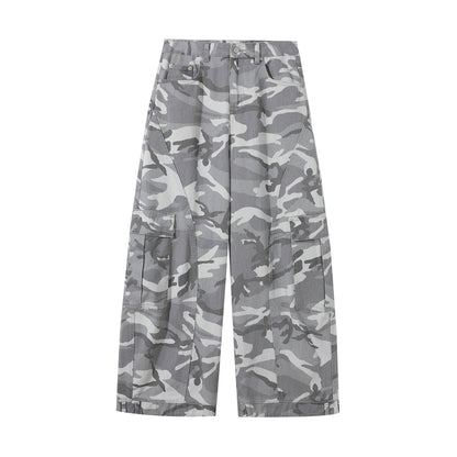 Neutral autumn and winter high street gray and white camouflage pants, plus size cargo pants, women's trendy brand loose and versatile straight wide-leg scimitar pants