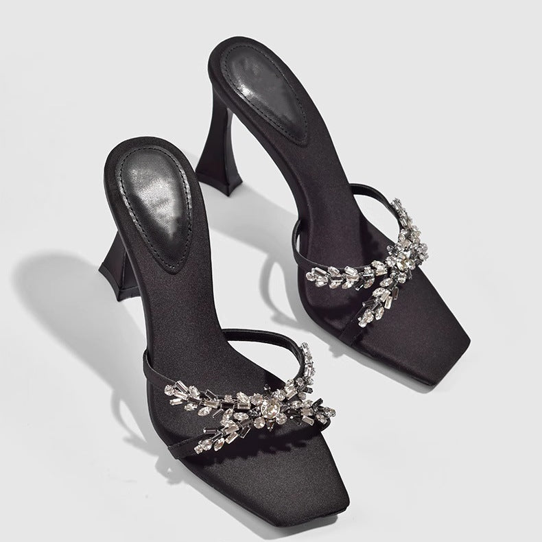 2026 summer European and American silk satin thin heel cross rhinestone square toe open toe slippers high heel slippers fashionable and sexy style