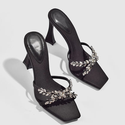 2026 summer European and American silk satin thin heel cross rhinestone square toe open toe slippers high heel slippers fashionable and sexy style