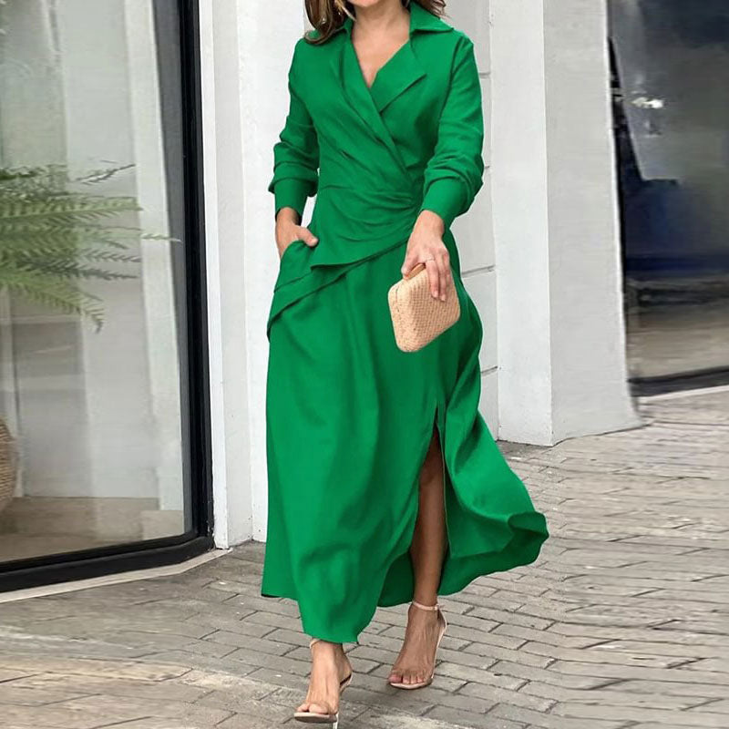 2026 spring European and American new temperament elegant casual temperament long solid color long sleeve long skirt dress