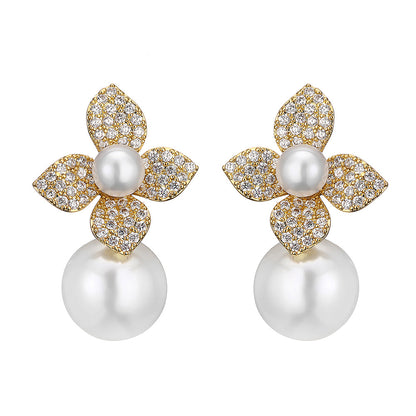 French niche design pearl earrings for women, high-end creative floral minimally inlaid zircon ear accessories for women