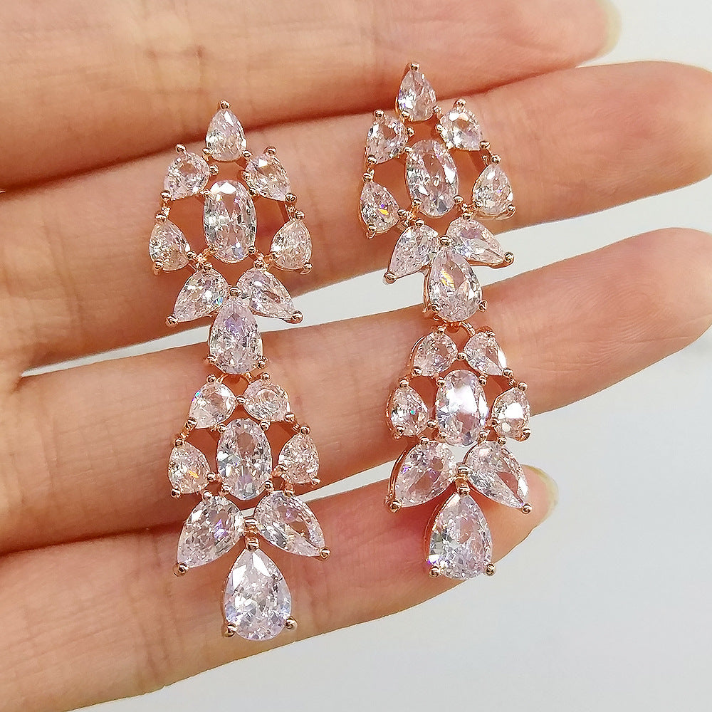 Foreign trade new waterdrop zircon stud earrings long tassel earrings, three-color full diamond earrings, niche design for women