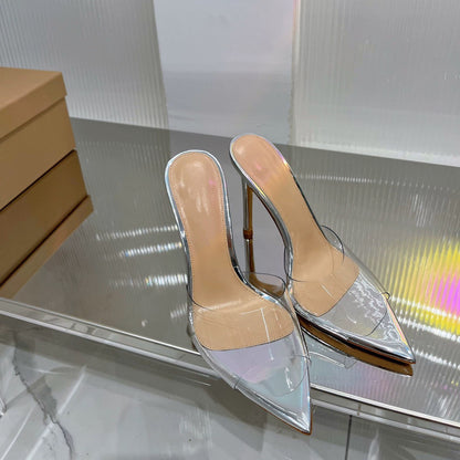 YX Transparent Heeled Sandals Women's 2026 Summer New Fashion Stiletto Heel Pointed Toe Sexy Open Toe Slippers Wear Outside