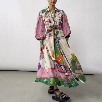 Cross-border Amazon 2026 AliExpress European and American clothing vintage printed lantern sleeves waist swing European and American dresses