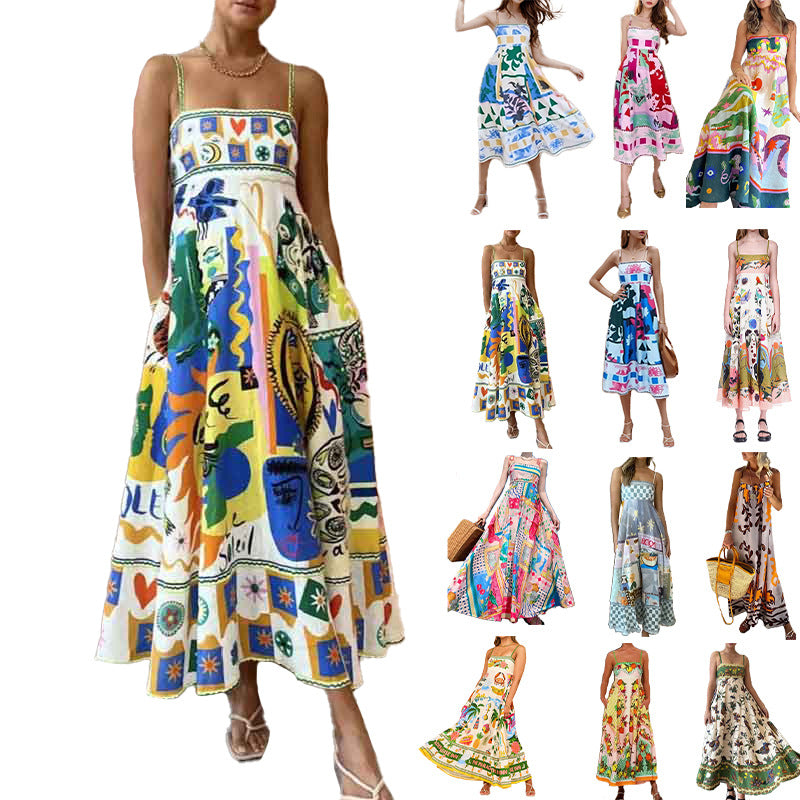 2026 Spring New Dresses European and American Sleeveless Collarless High Waist Printed Women's Large Swing Slip Dress