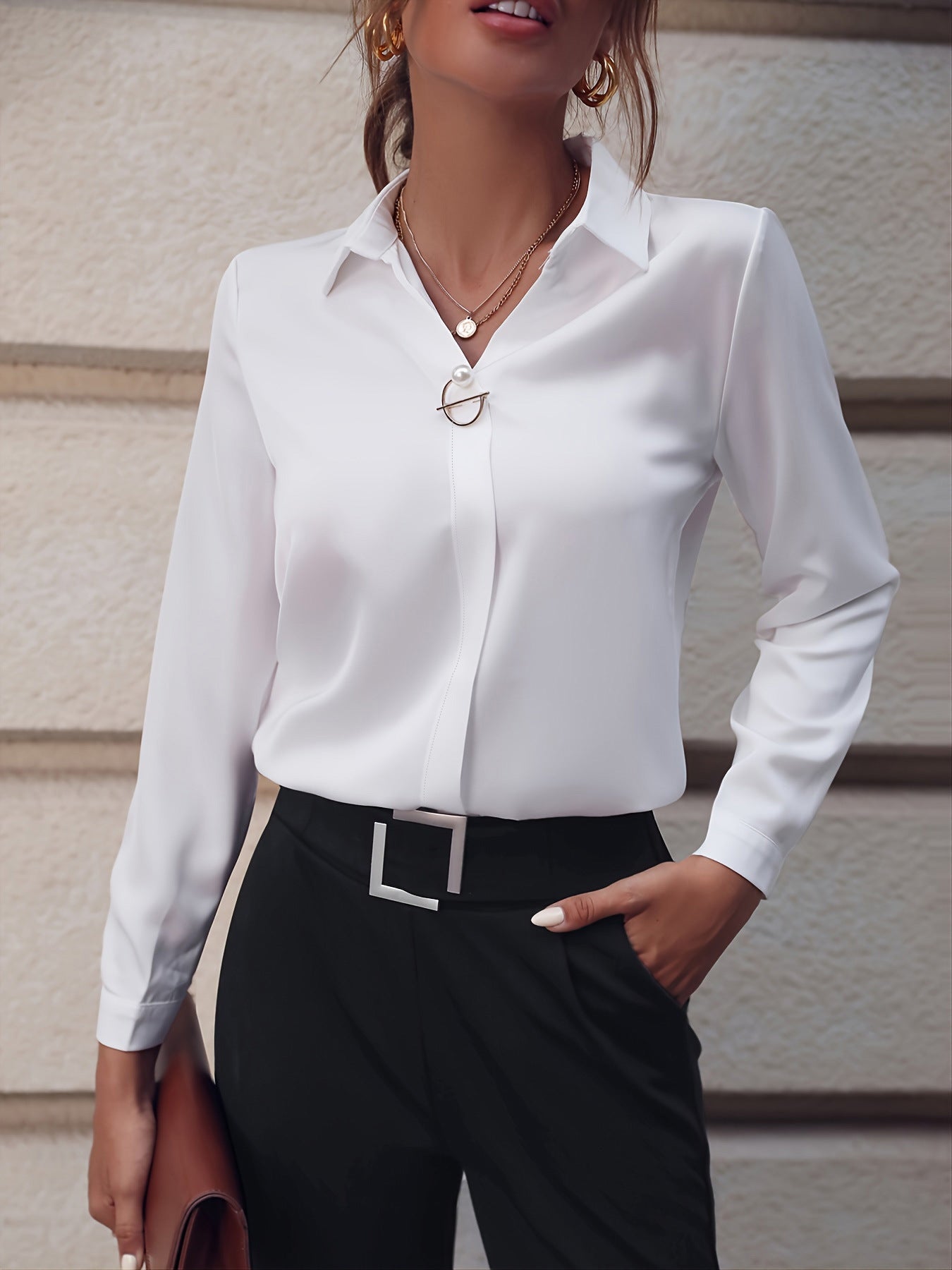European and American commuter women's shirts are versatile and simple, Amazon solid color shirts, long sleeves, mid-length shirts