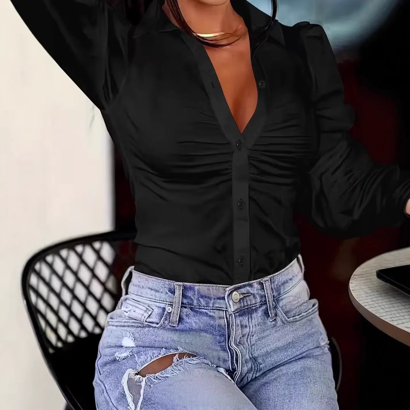 Cross-border European and American women's fashion and casual elegant style, lapel, pleated, slim-fit, solid-color shirt