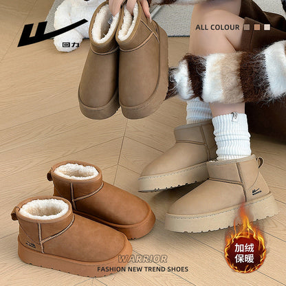 Loose platform cake shoes, leather surface warmth, pull-back snow boots, fleece winter new boots, minimalist style, solid color cotton shoes women