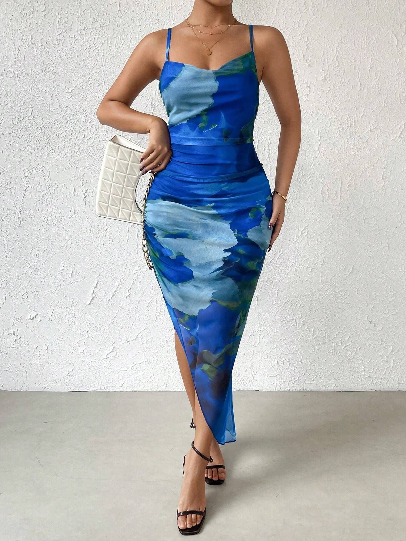 Cross-border 2024 foreign trade European and American bandeau women's summer sleeveless tie-dye suspender print seaside resort mesh dress