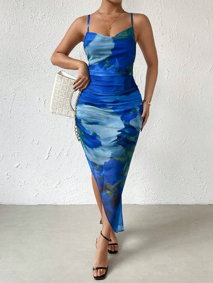 Cross-border 2024 foreign trade European and American bandeau women's summer sleeveless tie-dye suspender print seaside resort mesh dress