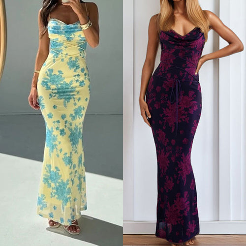 European and American clothing 2026 new strap-on long skirt floral slim hip print pocket collar suspender European and American dress