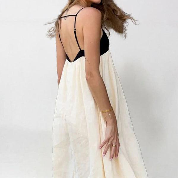 2026 spring new cross-border European and American clothing temperament elegant black and white contrasting long skirt sexy backless dress