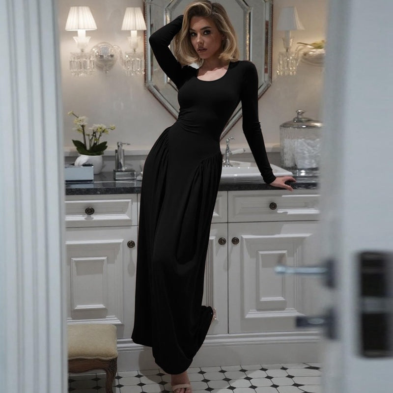 Cross-border autumn and winter new European and American clothing French elegant temperament solid color U-neck waist strap long-sleeved dress