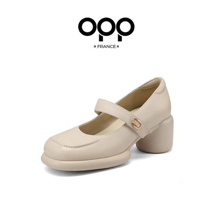 OPP Half Curved Single Shoe Women 2025 Autumn New Retro Hepburn-style Leather Shoes Sask-mouth French Mary Jane Shoes Women