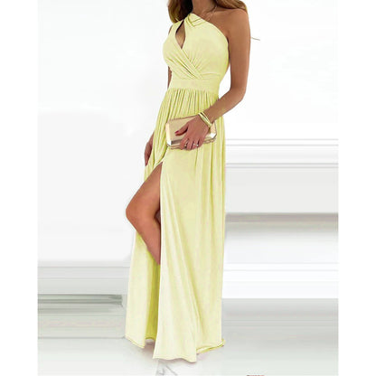 2026 spring new European and American clothing foreign trade slanted shoulder temperament dress sleeveless sexy high-waisted slit dress