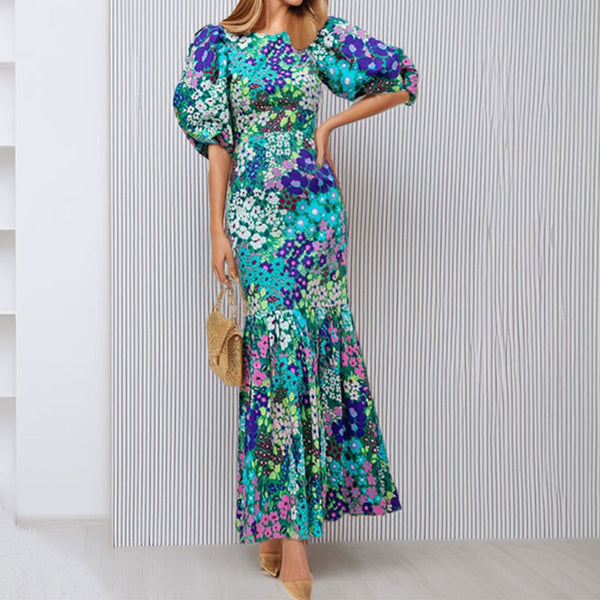 2026 new cross-border Amazon European and American fashion temperament printed slim crew neck pleated waist dress