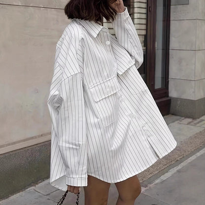 Cross-border loose lazy vertical stripe loose plus-size shirt for women, mid-length silhouette slimming long sleeves for spring/summer