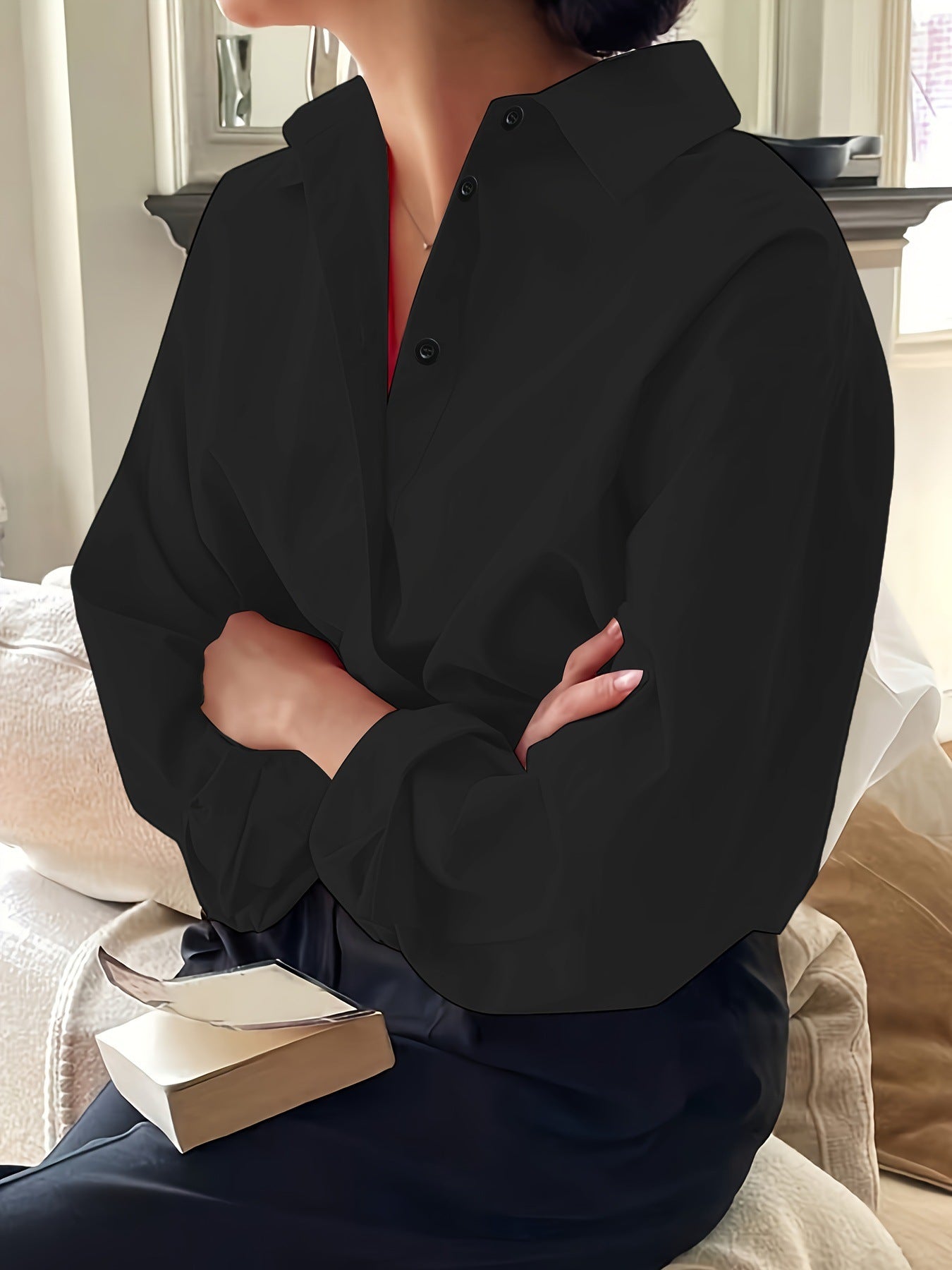 European and American cross-border new long-sleeved minimalist women's shirt cotton poplin long-sleeved lapel versatile loose shirt