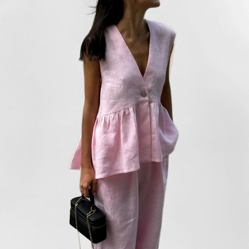 Cross-border Europe and the United States 2026 new products, V-neck button-down tops, vests, trouser suits, solid color temperament, commuting two