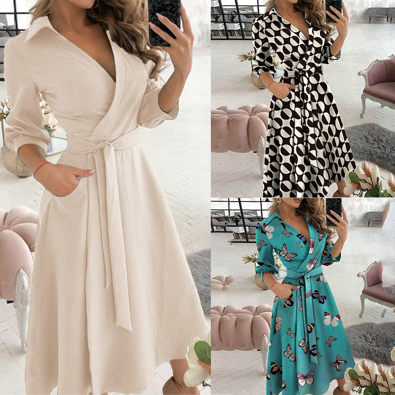 2026 Amazon AliExpress European and American Foreign Trade Women's Fashion Printed Long Sleeve V-neck Hip Wrap Commuter Dress 661