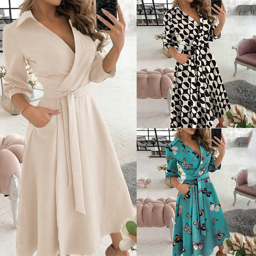 2026 Amazon AliExpress European and American Foreign Trade Women's Fashion Printed Long Sleeve V-neck Hip Wrap Commuter Dress 661