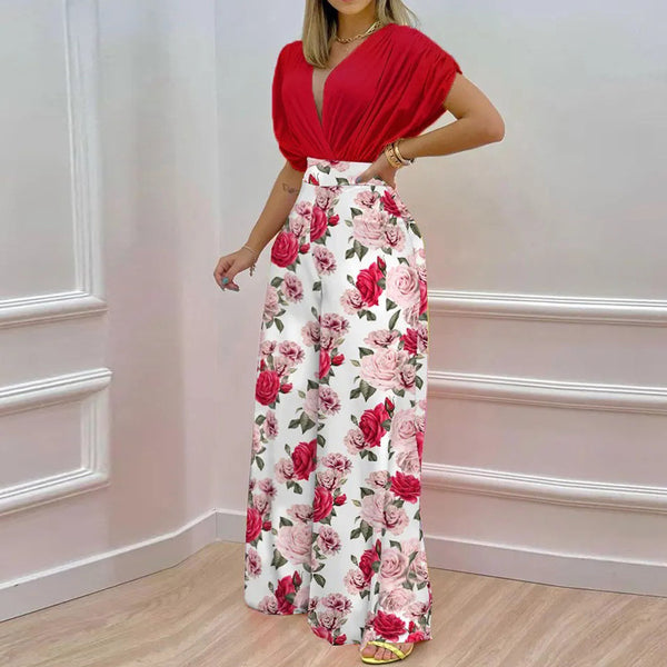 2026 European and American Clothing Independent Station Spring New Temperament V-Neck Printed Wide-leg Pants Fashion Casual Suit 661