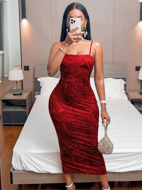 Spot Cross Border 2023 Europe and America Amazon New Fashion Print Slit Skinny Backless Slip Dress