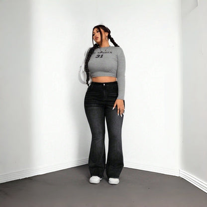 Cross-border bestseller [with A+ images] Amazon TEMU Shein Plus Size Stretch Women's Black Gray Denim Mini Flare