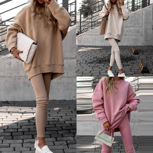 Amazon 2026 European and American women's loose crew neck sports fashion long-sleeved sweatshirt spring wear women's set of women's clothing