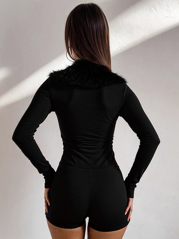 Cross-border autumn and winter new European and American clothing solid color sexy deep V imitation fur collar long sleeve slim hip jumpsuit for women - view 2 | Ciaura