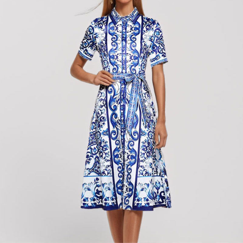 2026 Amazon European and American foreign trade women's spring new lapel long-sleeved national style print lace-up short-sleeved dress