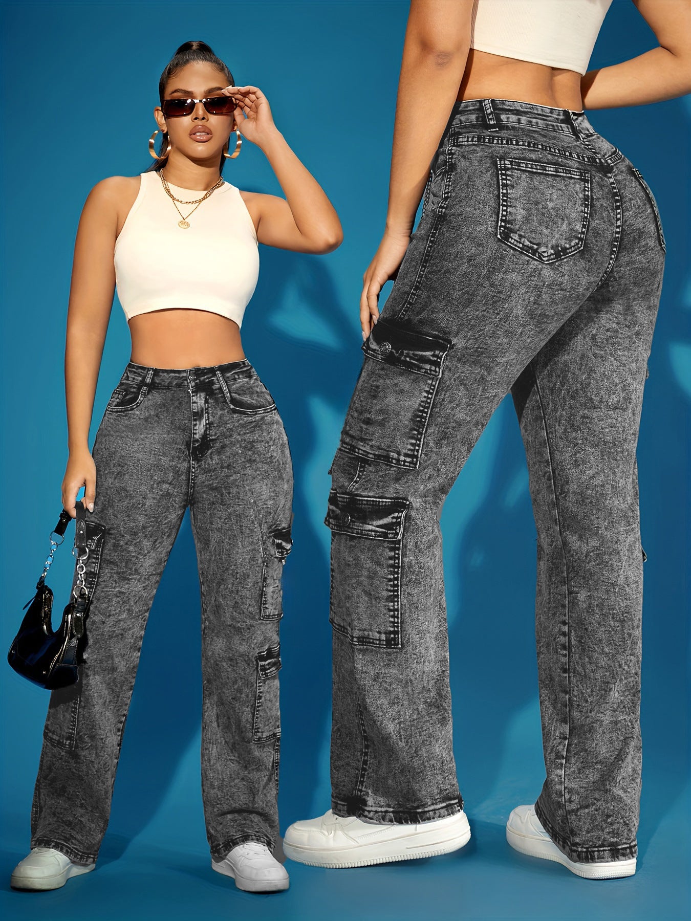 European and American cross-border women's fashion high-elastic multi-pocket cargo pants cross-border denim trousers Amazon popular jeans