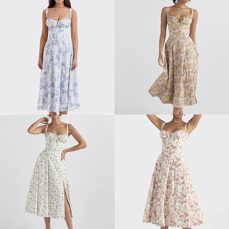 European and American clothing Amazon French style skirt temperament elegant floral slit fashion vacation slip dress